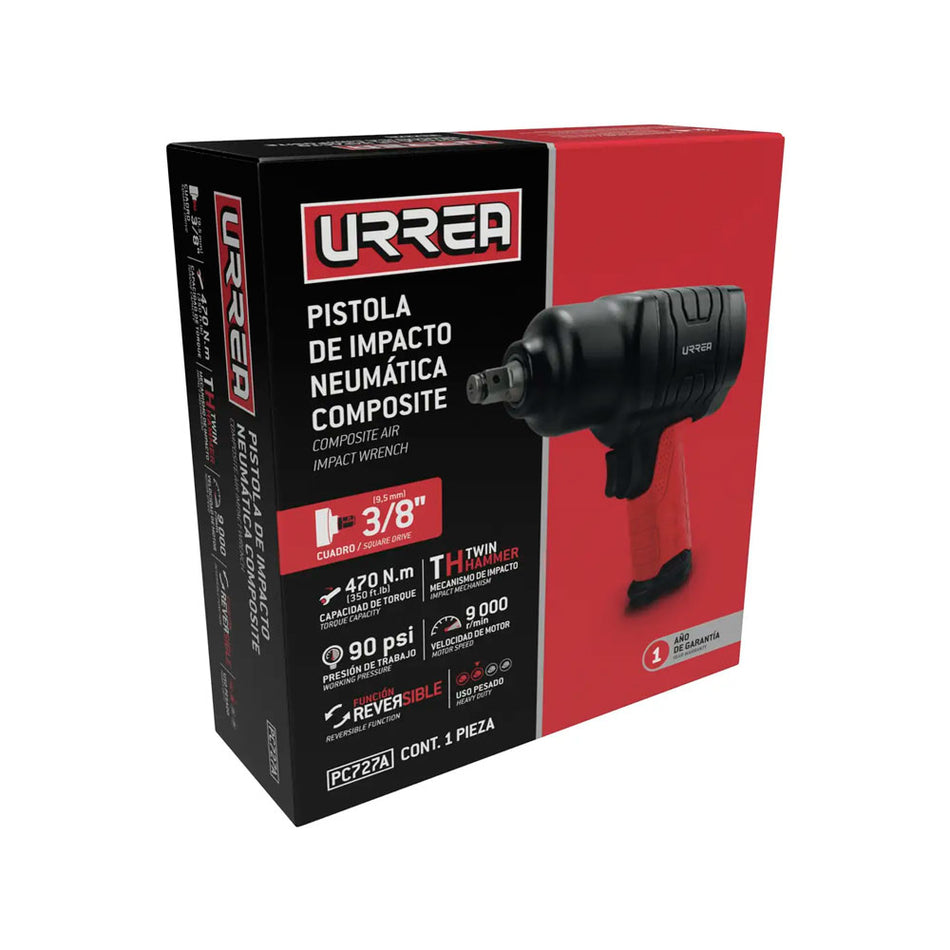 Pistola de impacto neumática cuadro de 3/8" 350 Ft-lb composite sistema twin hammer Urrea PC727A