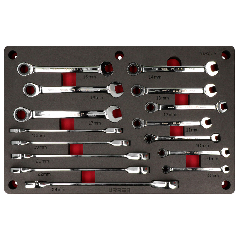 Juego de llaves combinadas pulido espejo de matraca métricas 15 piezas, CH256P-C Urrea CH256P
