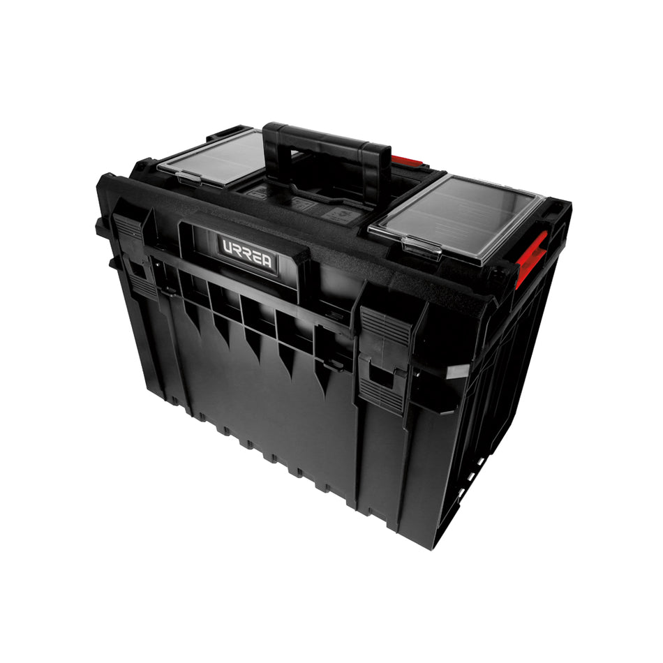 Caja portaherramientas plástica modular con compartimentos color negro 23" x 15" x 16" Urrea CPM16