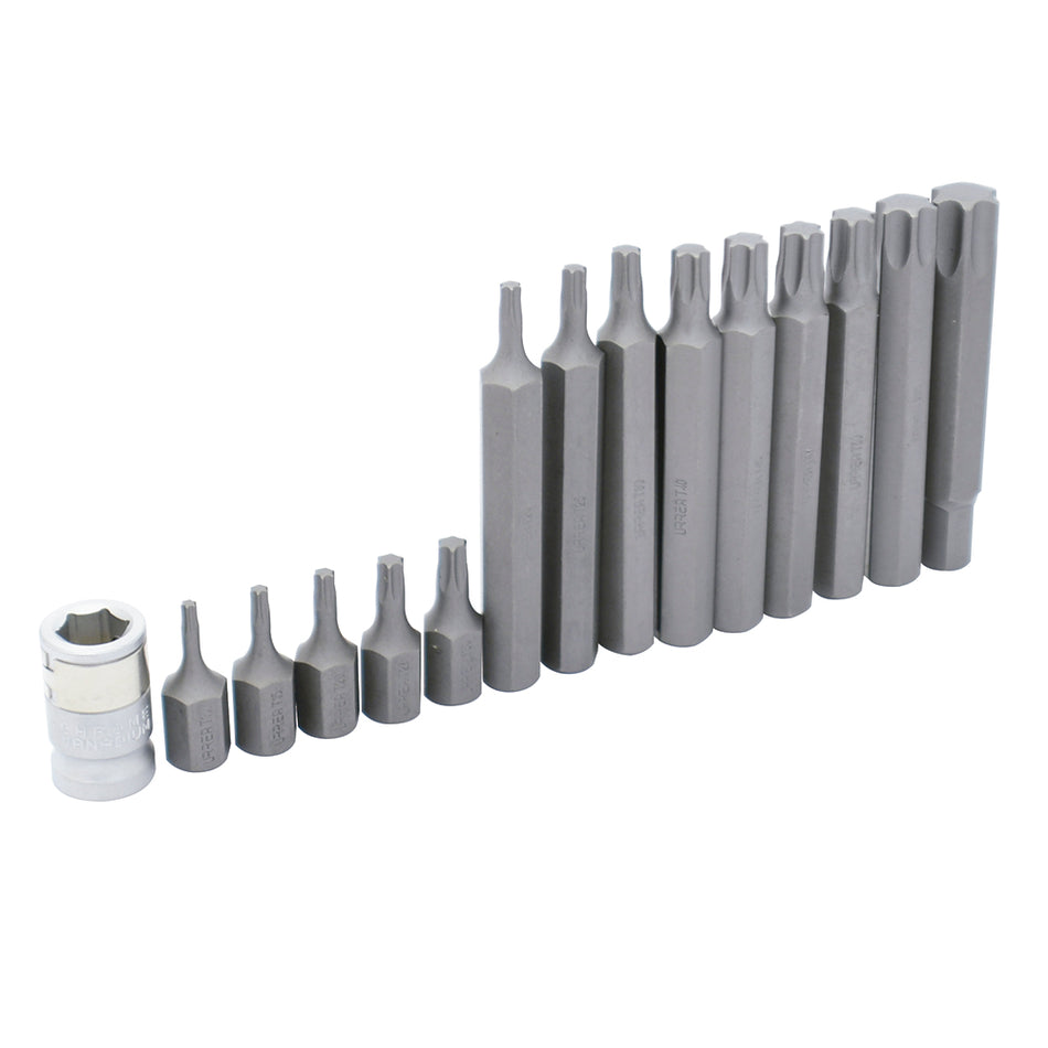 Juego de puntas torx cortas y largas hexágono de 3/8" con adaptador, 15 piezas en blíster Urrea J230