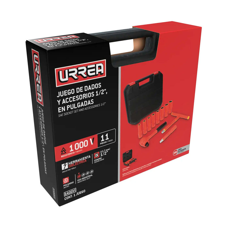 Juego de dados y accesorios cuadro de 1/2" en pulgadas para 1000 V, 11 piezas Urrea 5400VI