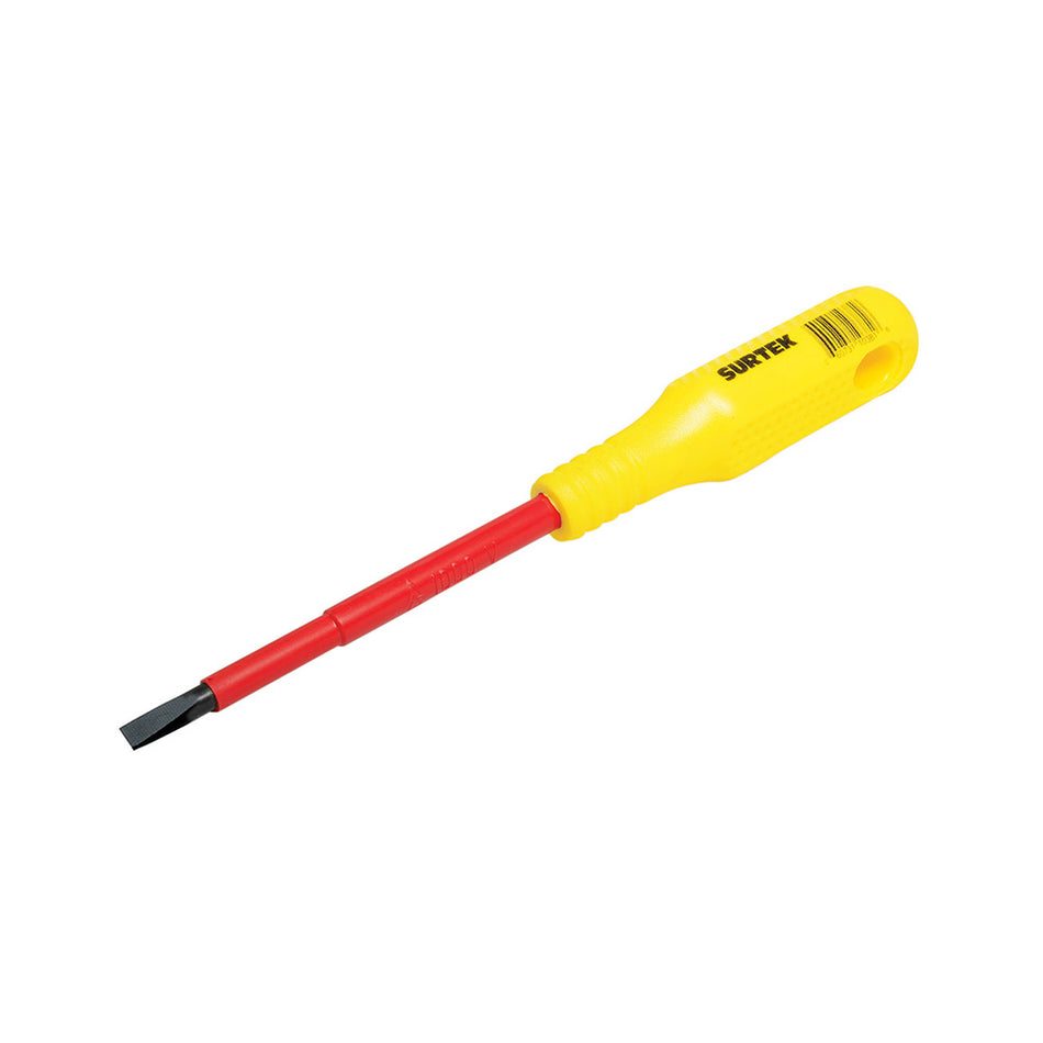 Destornillador con mango amarillo dieléctrico, punta cabinet 1000 V de 5/32" x 4" Surtek D414V