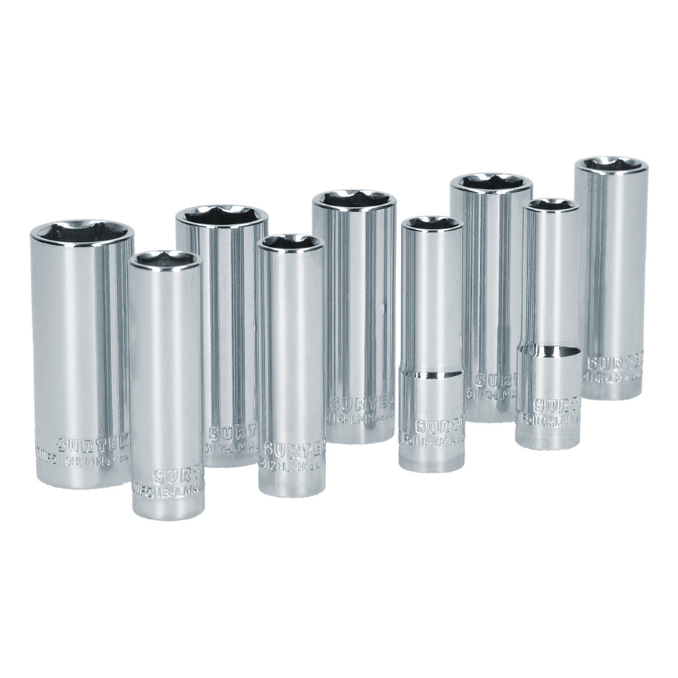 Juego de dados largos cuadro de 3/8", 6 puntas, métricos, 9 piezas Surtek S12M