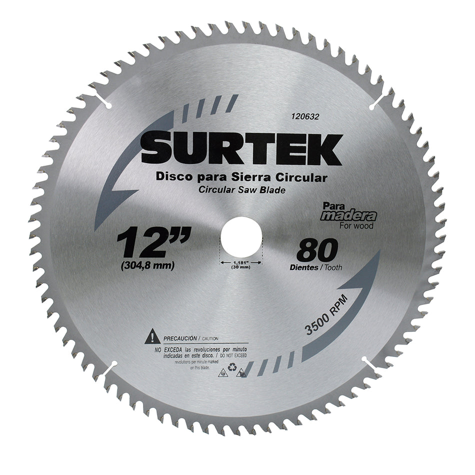 Disco para sierra circular para corte madera 80 dientes, 12" Surtek 120632