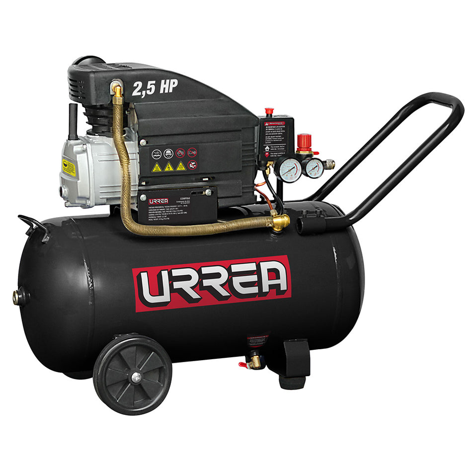 Compresor de aire eléctrico lubricado con pistola y manguera 50L, 2.5HP, 127V Urrea COMP850
