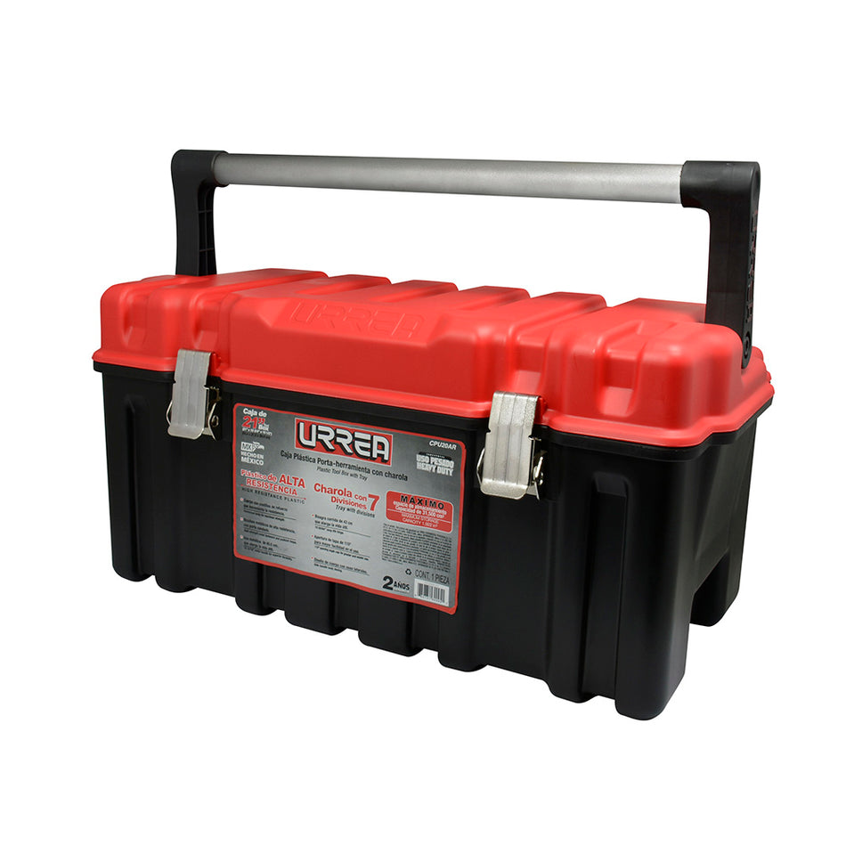 Caja portaherramientas plástica con broches metálicos color negro tapa roja 21" x 11" x 10 Urrea CPU20AR