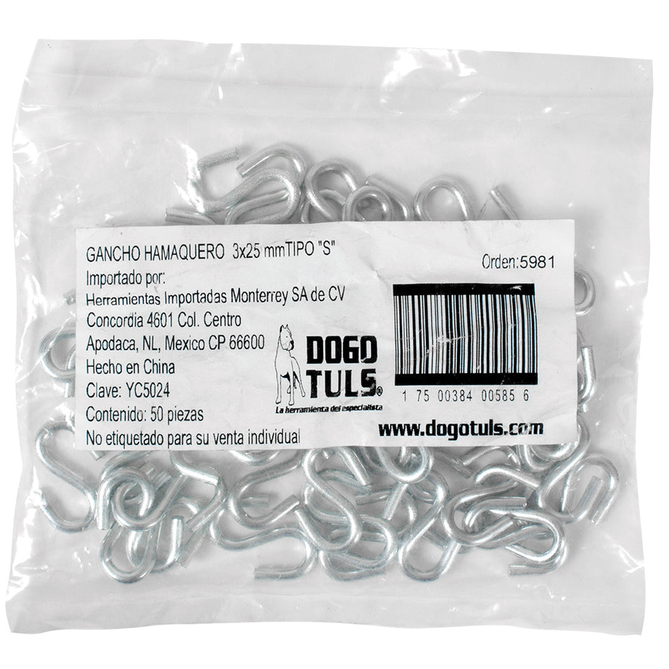 GANCHO HAMAQUERO 3x25mmTIPO "S" DOGOTULS YC5024