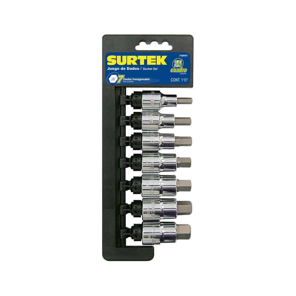 Juego de dados con punta hexagonal cuadro de 1/2", en pulgadas, 7 piezas Surtek F58H01