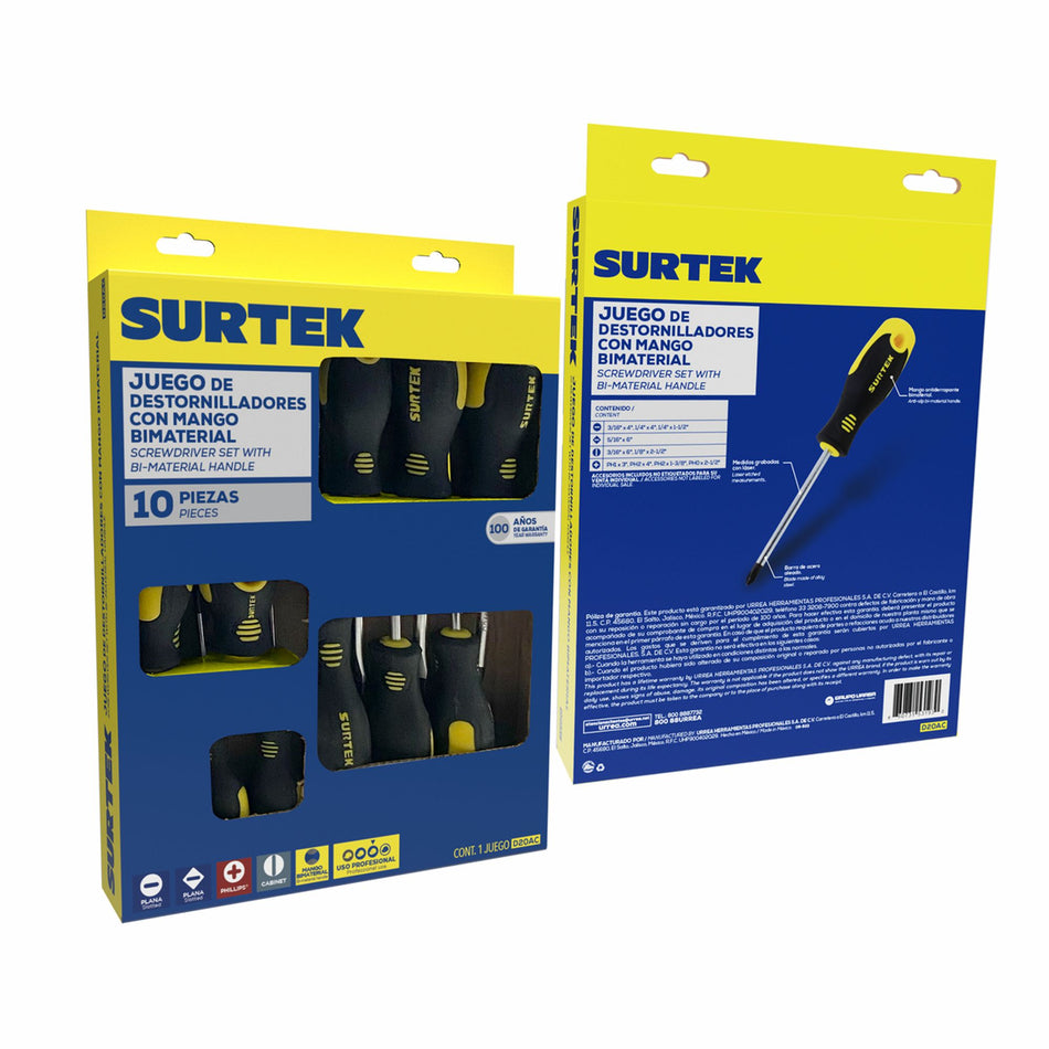 Juego de destornilladores con mango bimaterial combinados, 10 piezas en caja de cartón Surtek D20AC