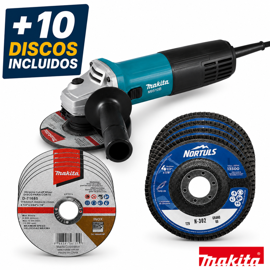 Esmeriladora M9510B 4-1/2" Makita + 10 Discos Incluidos