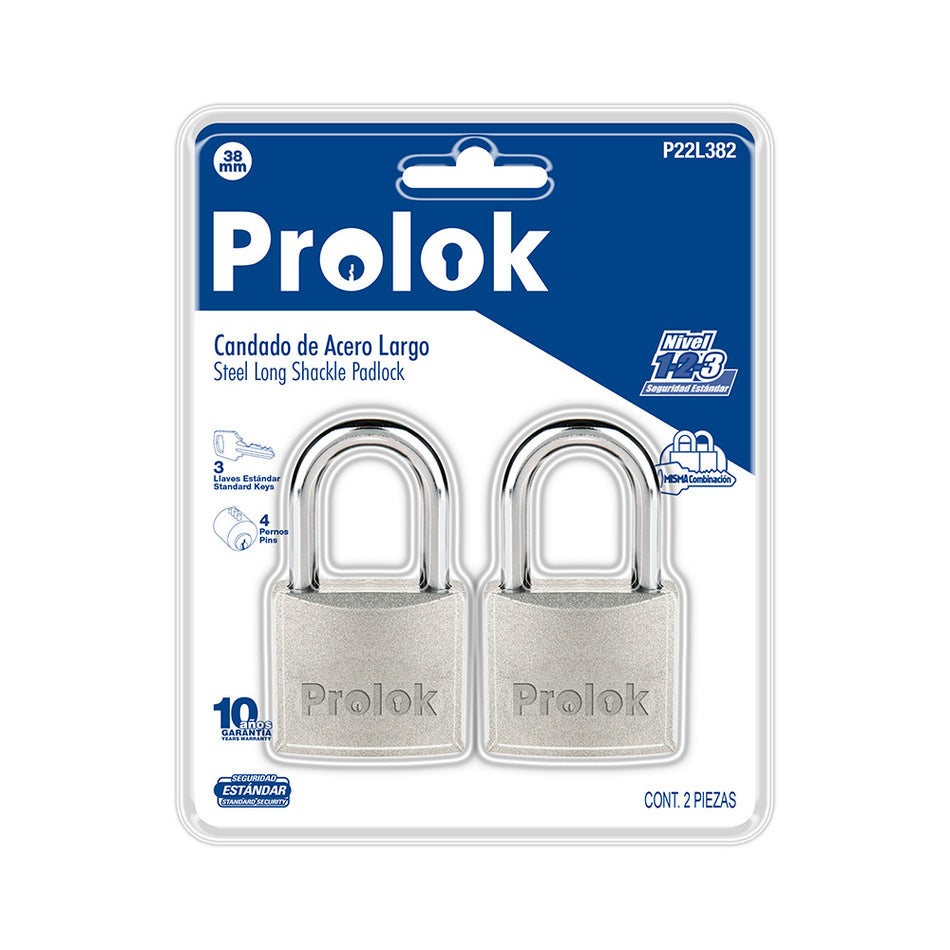 Juego de candados de acero largos 38 mm, llave estándar, 2 piezas Prolok P22L382
