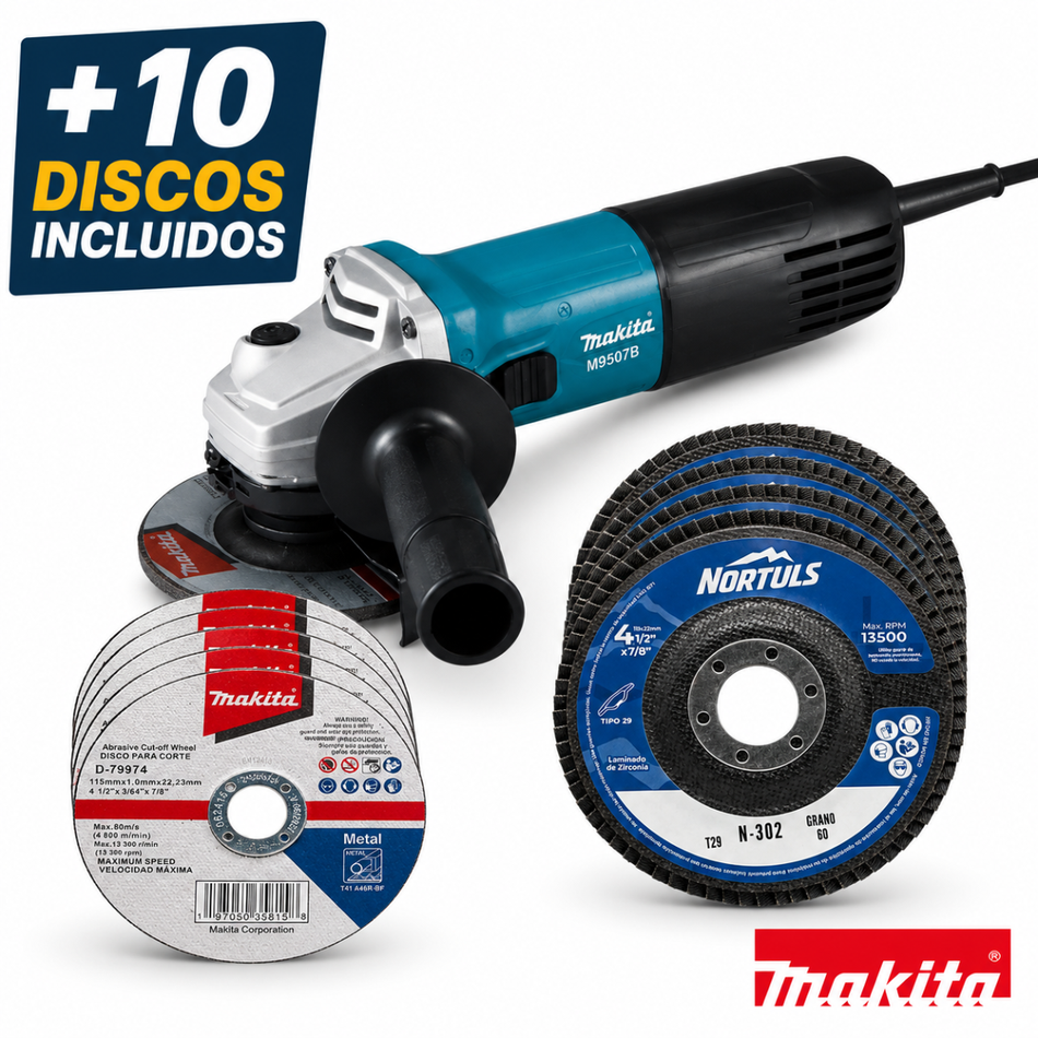 Esmeriladora M9507B 4-1/2" Makita + 10 Discos Incluidos