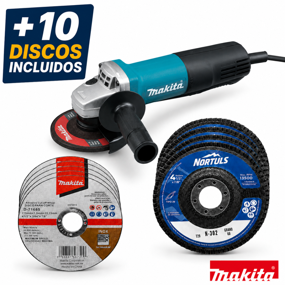 Esmeriladora 9557HPG 4-1/2" Makita + 10 Discos para Corte y Desbaste