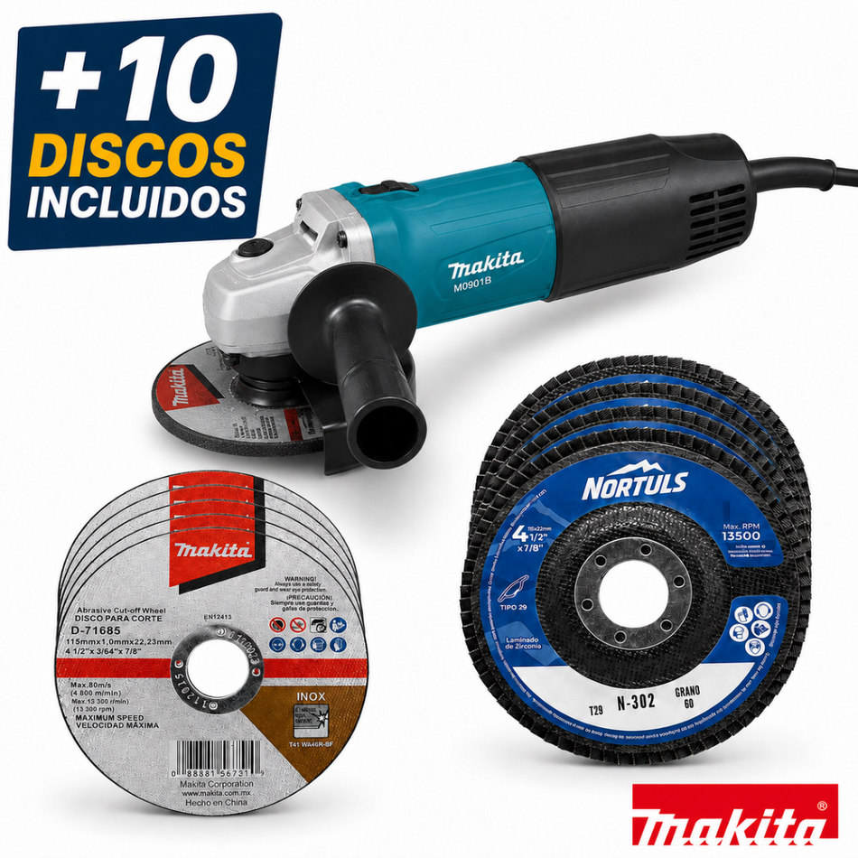 Esmeriladora M0901B 4-1/2" Makita + Kit de 10 Discos para Corte y Desbaste