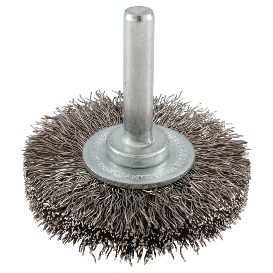 Carda circular ondulada alambre delgado de acero inoxidable 2" x 0.30 mm con zanco 1/4" Urrea C961