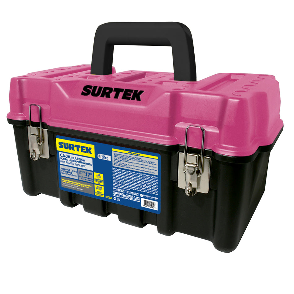 Caja portaherramientas plástica con broches metálicos color negro tapa rosa 17" x 9" x 8" Surtek CPS17K