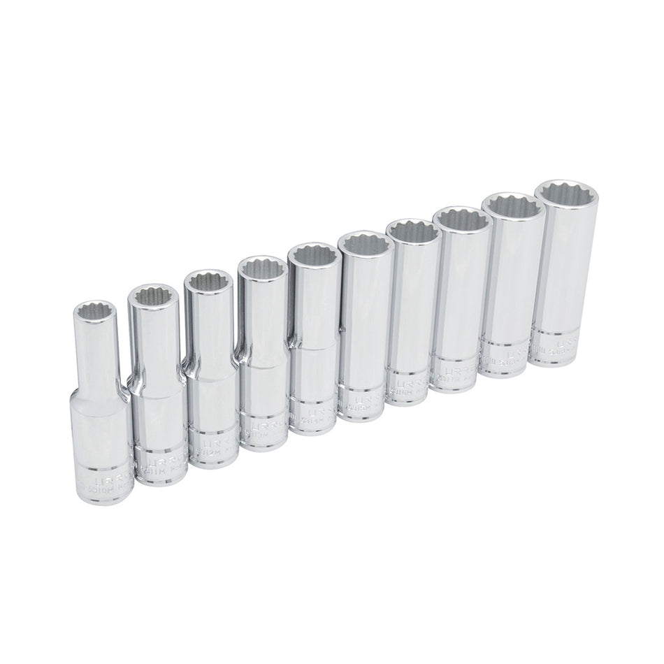 Juego de dados largos cuadro de 1/2", 12 puntas, métricos, en riel, 10 piezas Urrea 54215