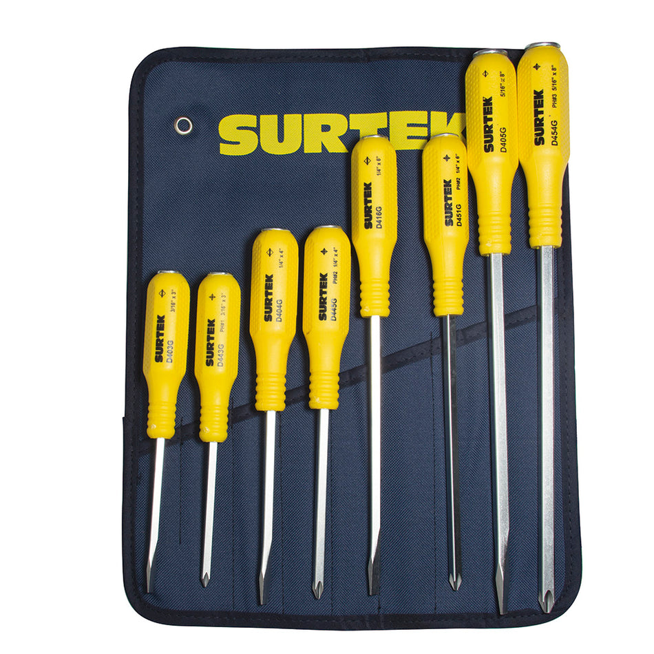 Juego de destornilladores con mango amarillo de golpe combinados, 8 piezas en estuche Surtek D400G