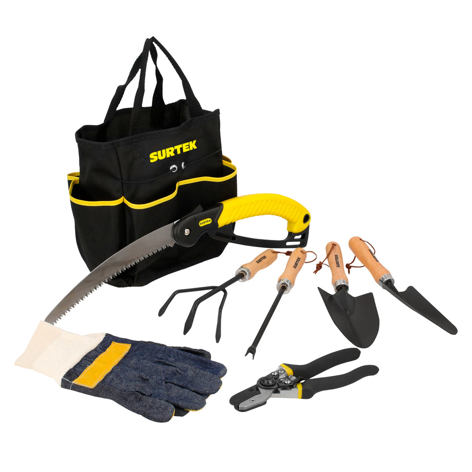 Juego combinado de herramienta para jardinería 8 piezas, con bolsa portaherramienta Surtek JJ8