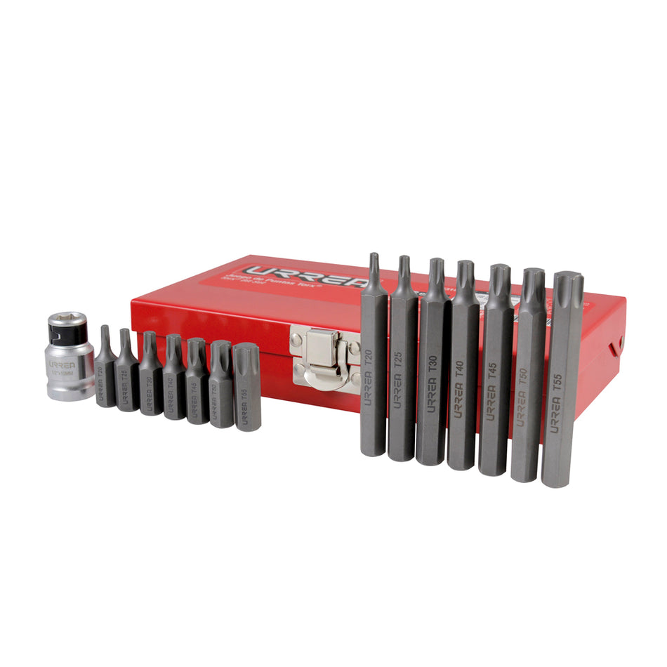 Juego de puntas Torx hexágono de 3/8" con adaptador, 15 piezas en caja metalica Urrea J2315