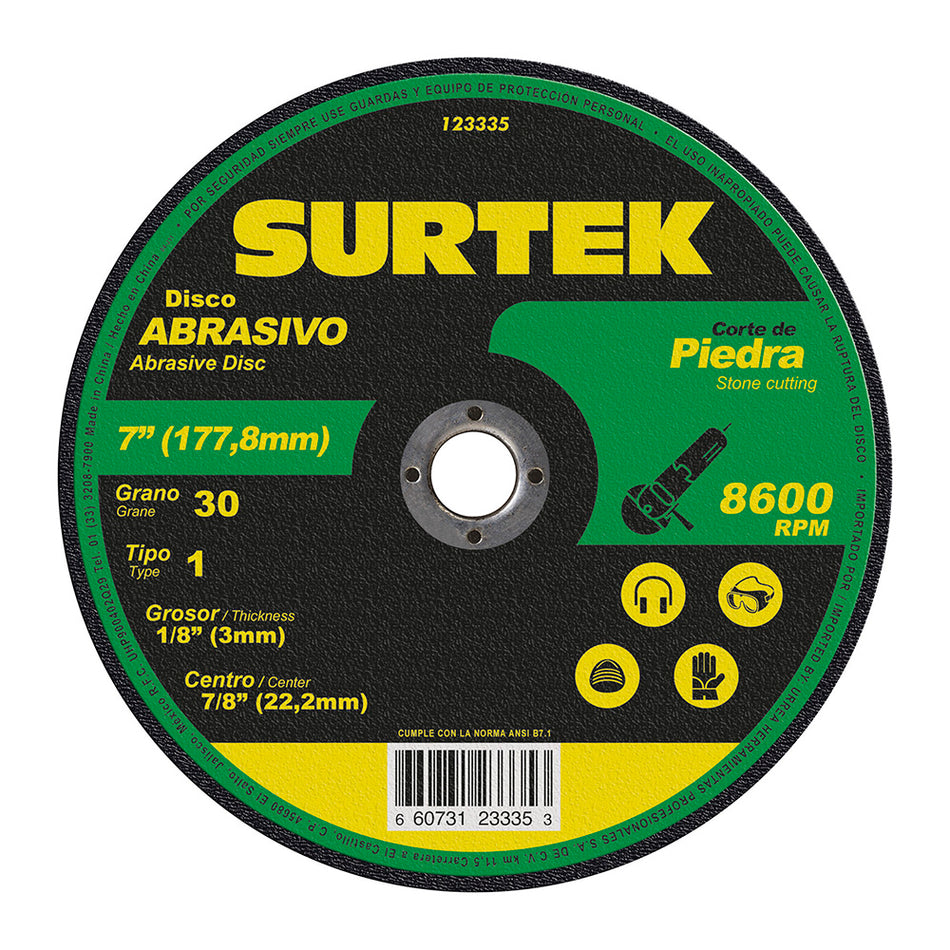 Disco abrasivo tipo 1 para piedra 7" x 9/64" Surtek 123335