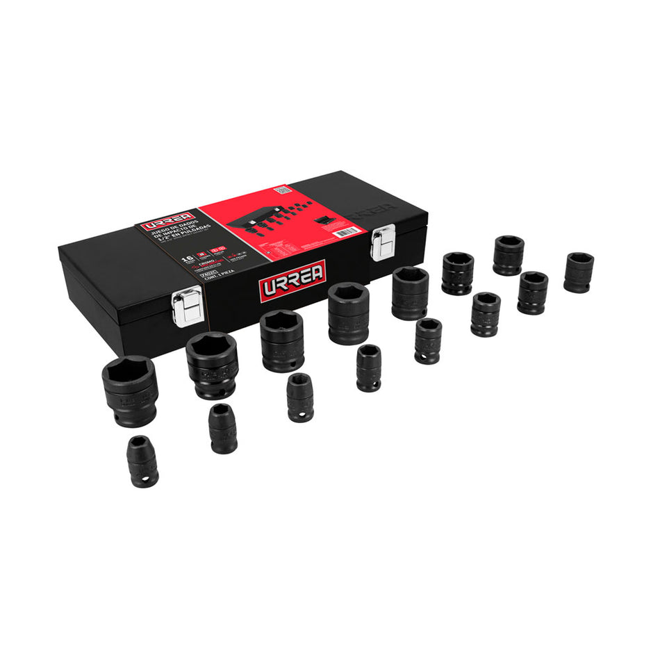 Juego de dados de impacto cuadro de 1/2", 6 puntas, en pulgadas, 15 piezas en caja Urrea 7402C