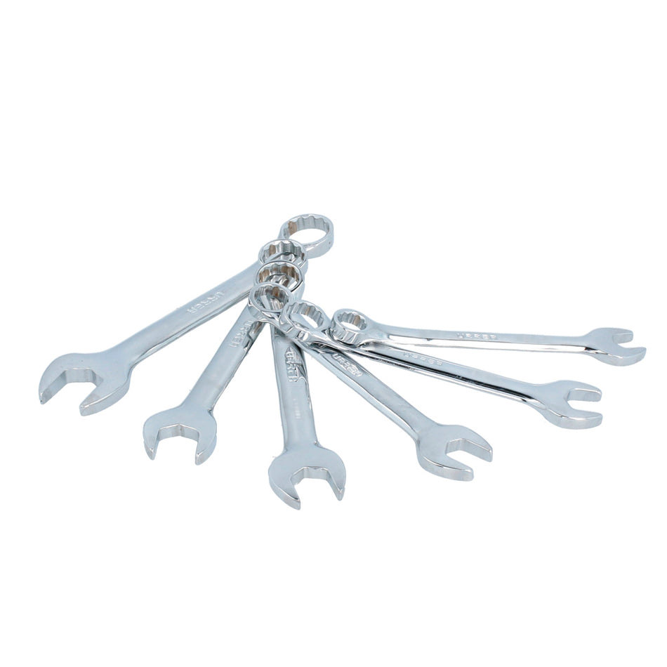 Juego de llaves combinadas cortas pulido espejo en pulgadas, 12 puntas, 6 pz en rack Urrea 1201T6