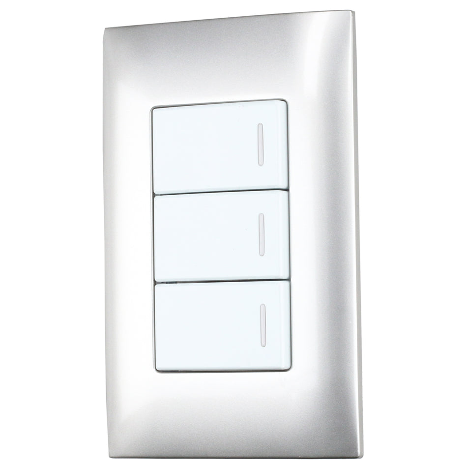 Placa 3 Interruptor 1/3, línea  Americana, color plata Surtek P423P