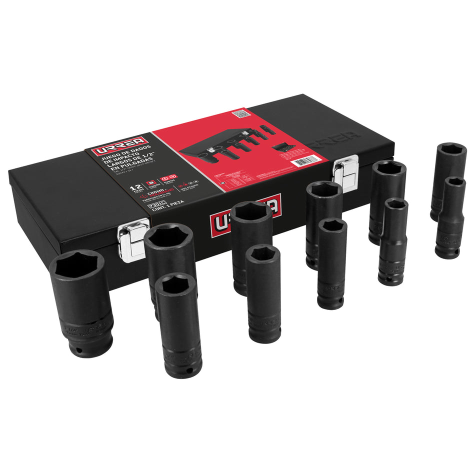 Juego de dados largos de impacto cuadro de 1/2", 6 puntas,  en pulgadas, 11 piezas Urrea 7301C