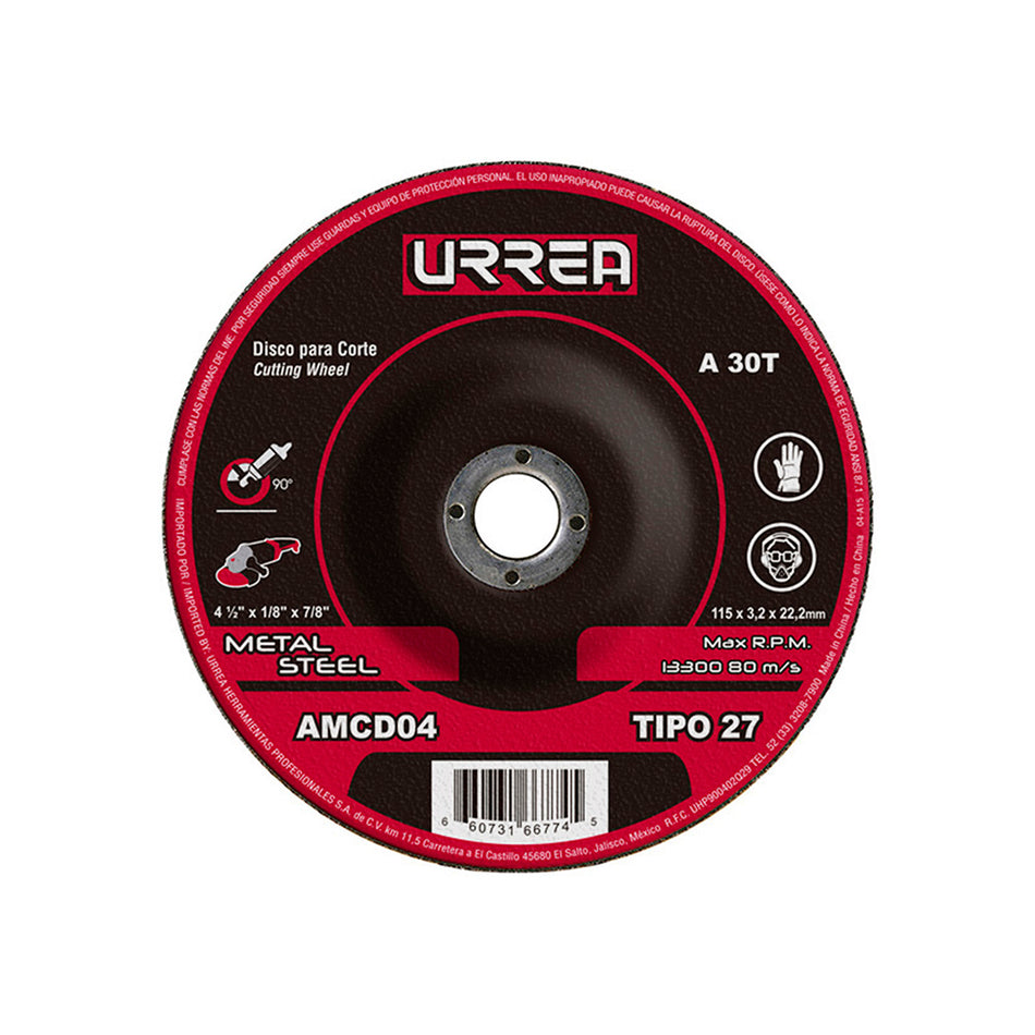 Disco abrasivo tipo 27 para metal 4-1/2" x 1/8" Urrea AMCD04