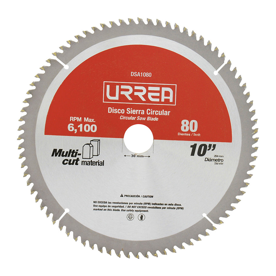 Disco para sierra circular para corte multi-material 80 dientes, 10" Urrea DSA1080
