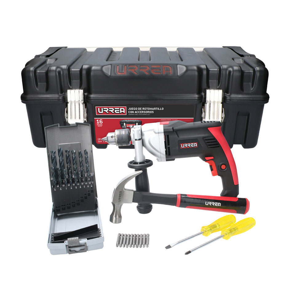 Juego de rotomartillo con accesorios 16 piezas, con caja plástica Urrea JP16