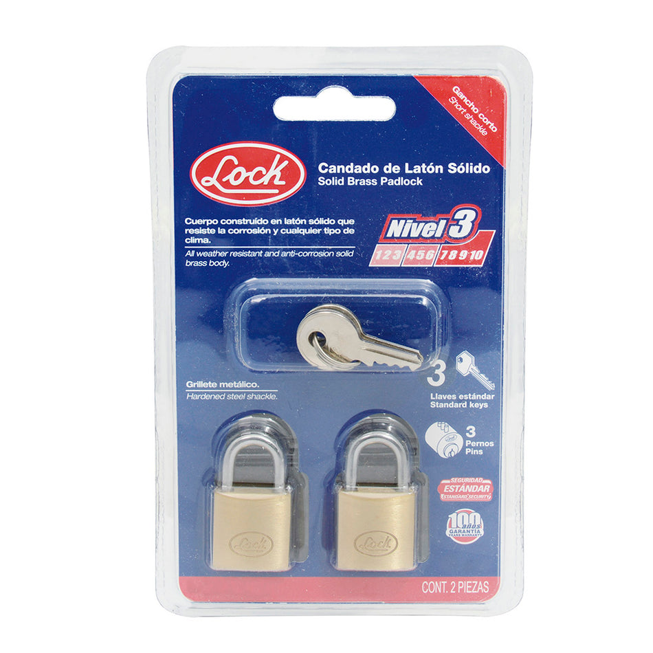 Juego de candados de latón cortos 25 mm, llave estándar, 2 piezas Lock L20S25EB