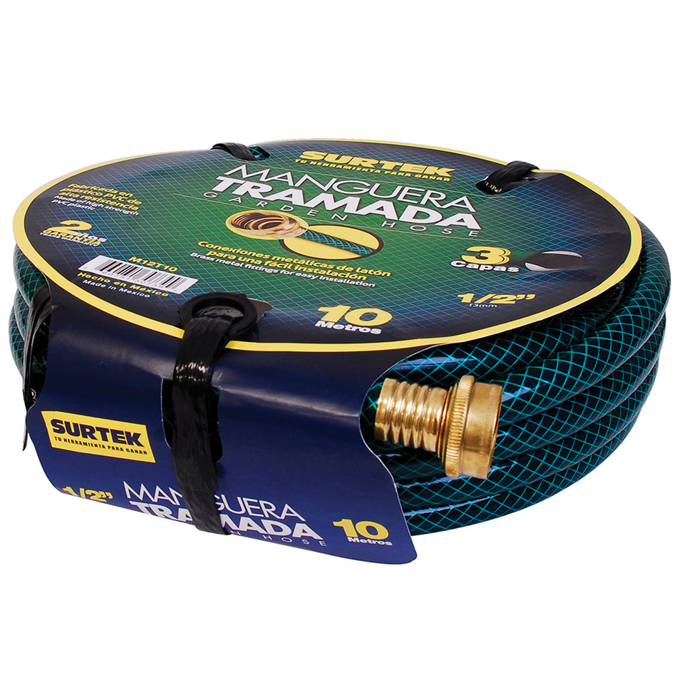 Manguera para jardín tramada verde con conector metálico 1/2", 10 m Surtek M12T10