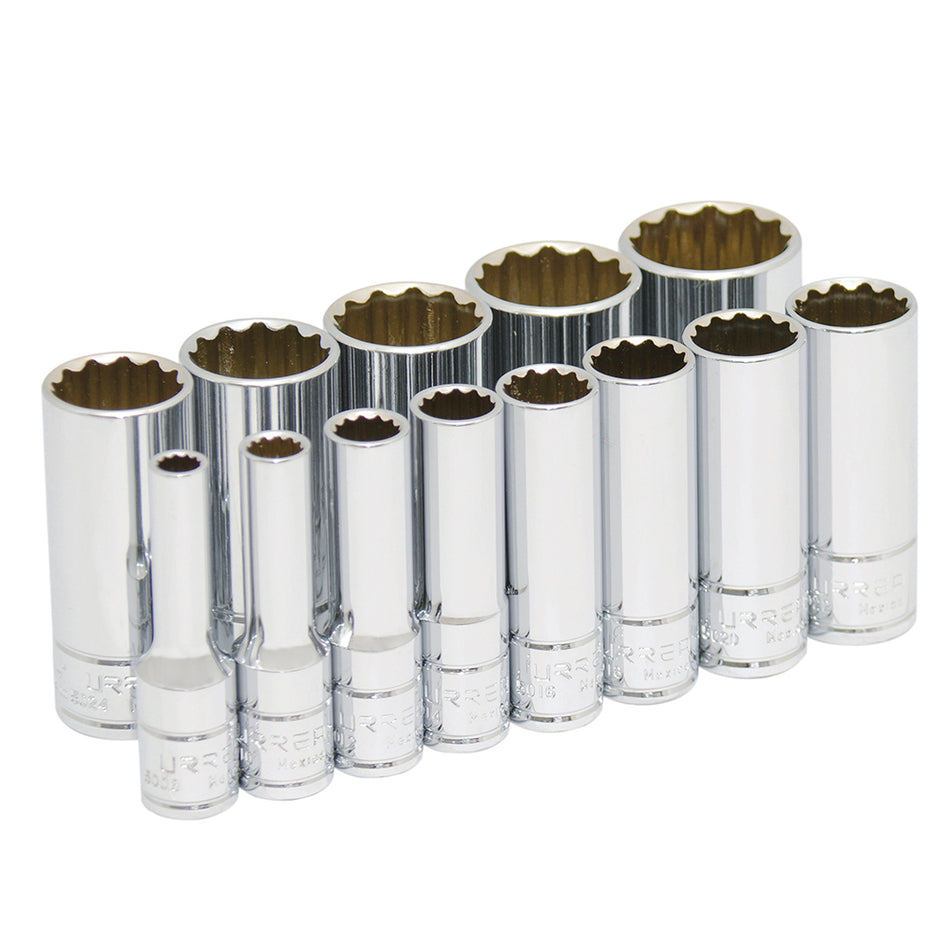 Juego de dados largos cuadro de 3/8", 12 puntas, en pulgadas, 13 piezas Urrea 52112