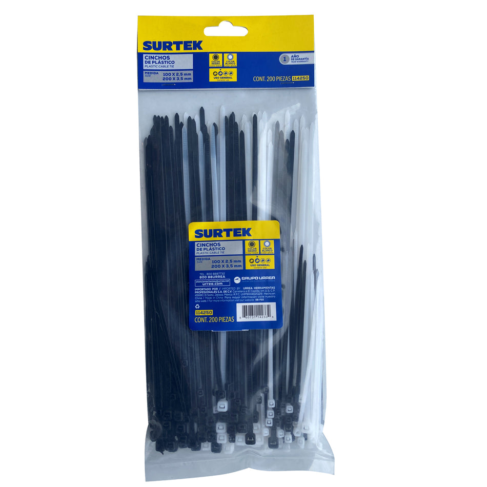Cinchos de plásticos combinados en bolsa, tensión 8kg de 200 piezas, color natural y negro Surtek 114250