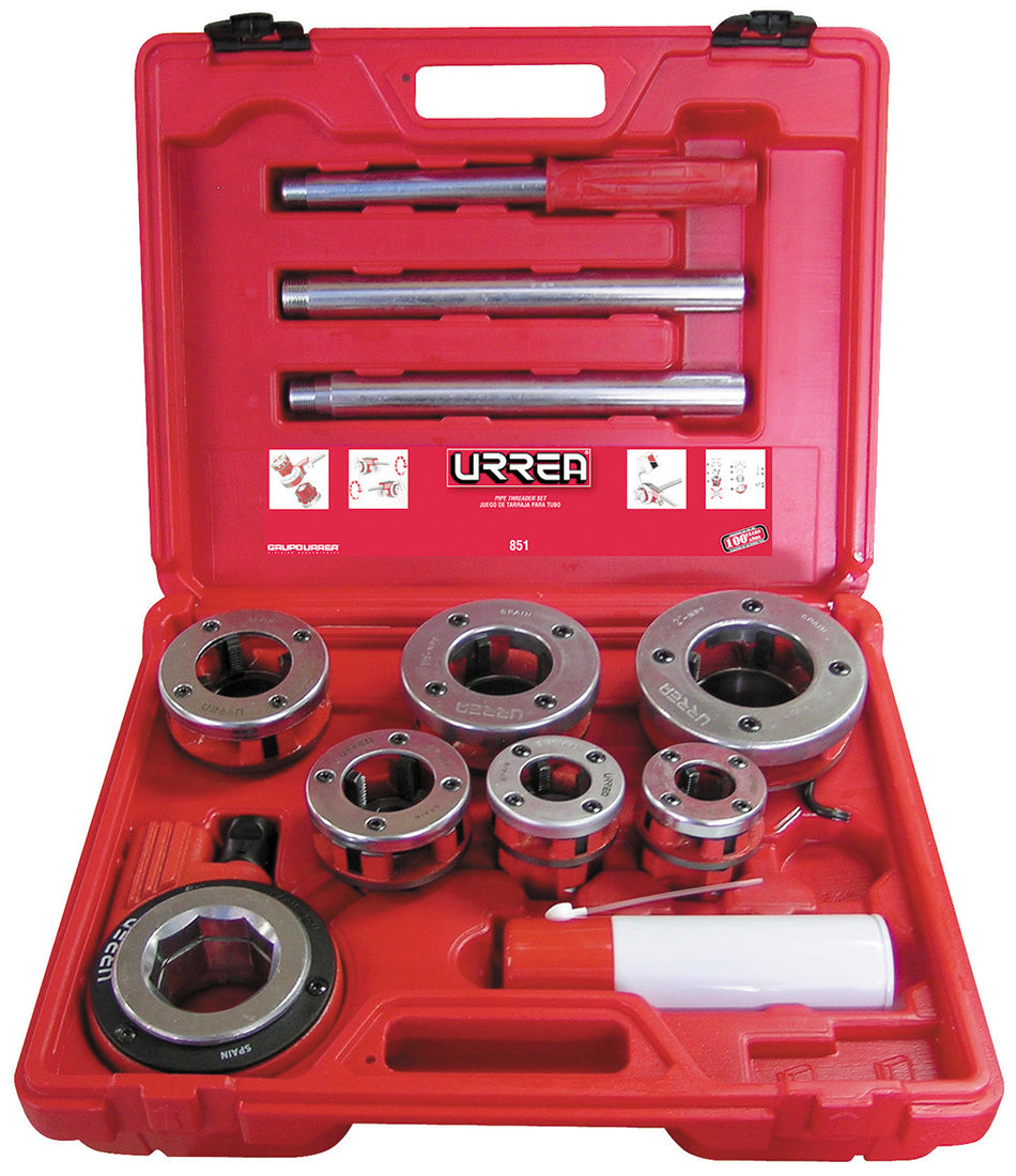 Juego de tarraja para tubo de 1/2" a 2" NPT, 9 piezas Urrea 851