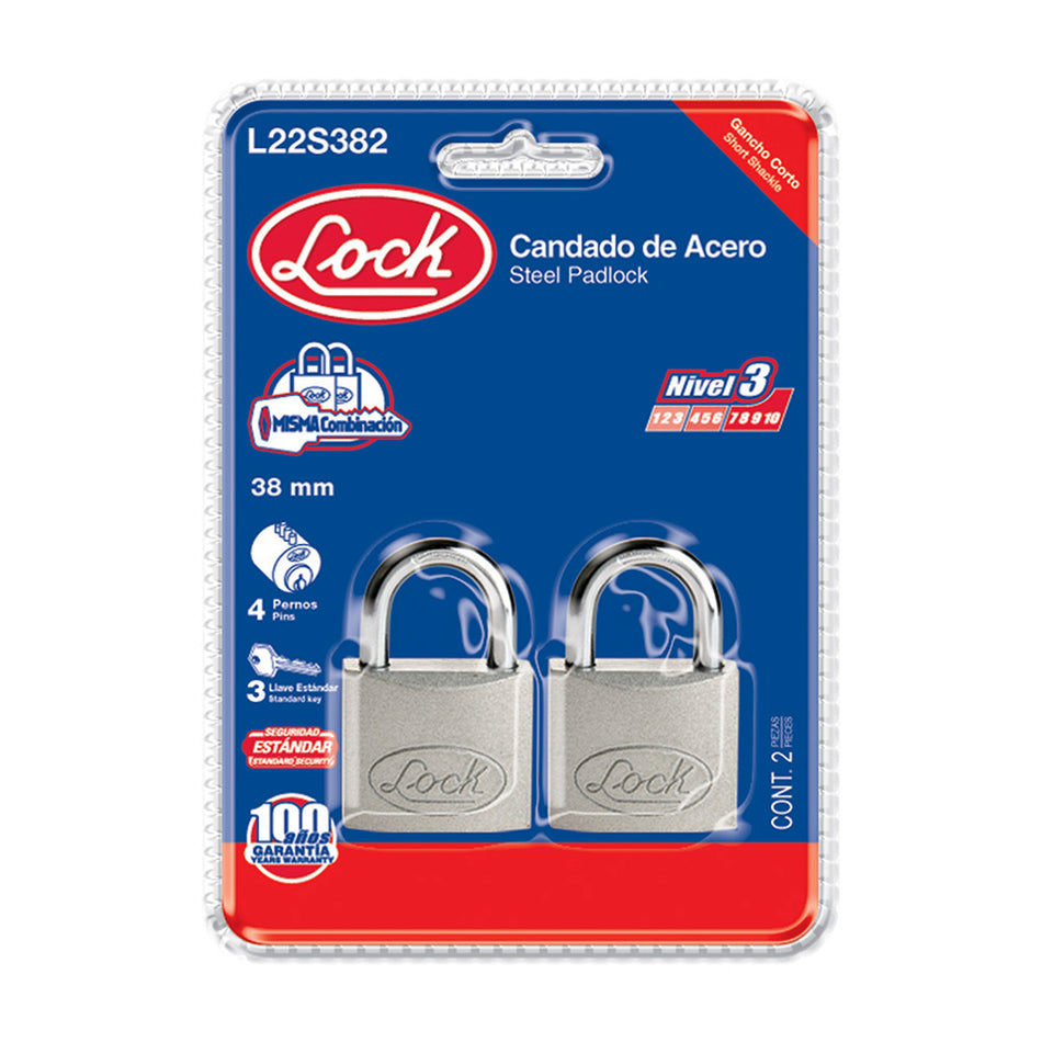 Juego de candados de acero cortos 38 mm, llave estándar, 2 piezas Lock L22S382