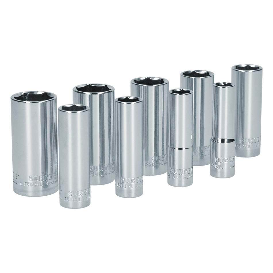 Juego de dados largos cuadro de 3/8", 6 puntas, en pulgadas, 9 piezas Surtek S12S