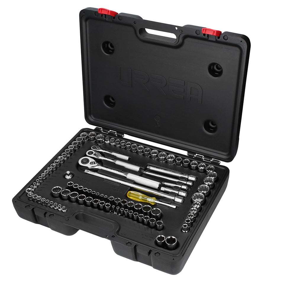 Juego de dados y accesorios cuadro de 1/4", 3/8" y 1/2" combinado, 99 piezas Urrea 5447PA