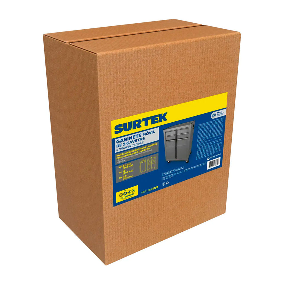 Gabinete móvil con 3 gavetas color gris 26" Surtek GM3G