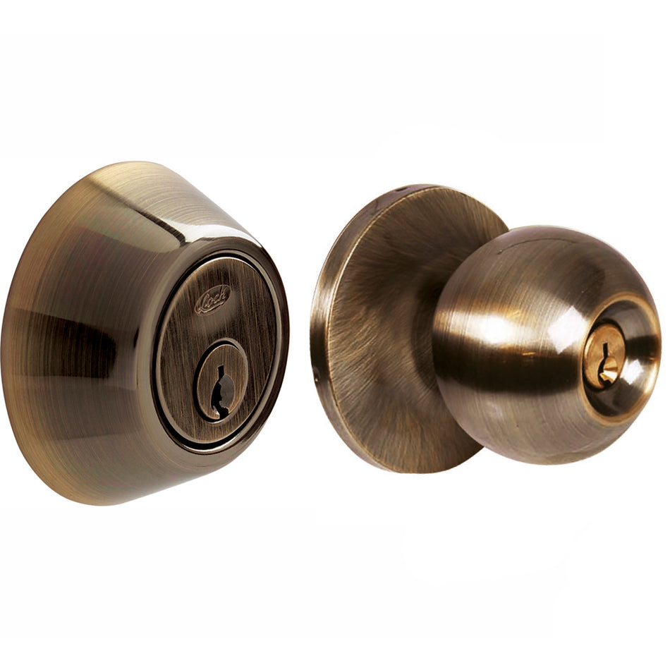 Combo de pomo tubulares de bola función sencilla, latón antiguo, llave estándar, blíster Lock 13CB