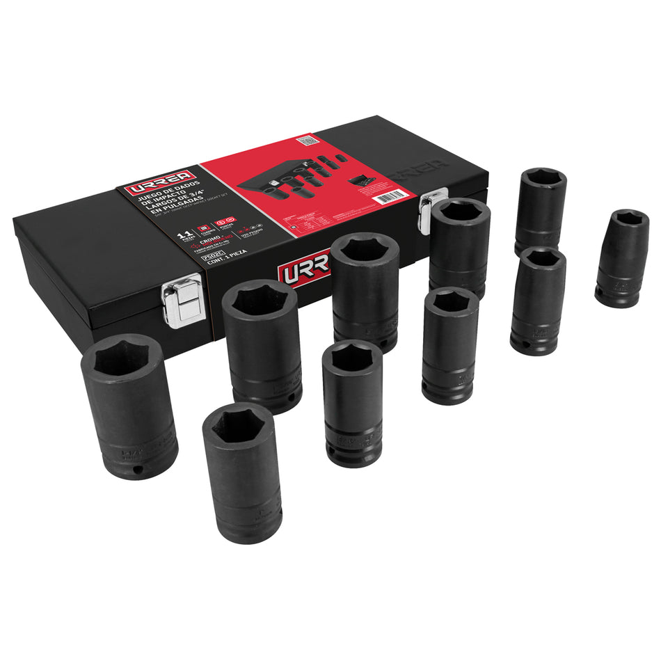 Juego de dados largos de impacto cuadro de 3/4", 6 puntas, en pulgadas, 10 piezas Urrea 7502C