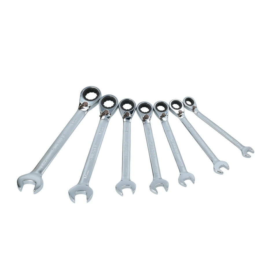 Juego de llaves combinadas pulido espejo de matraca rev mét, 12 puntas,7 pz en rack Surtek 100575