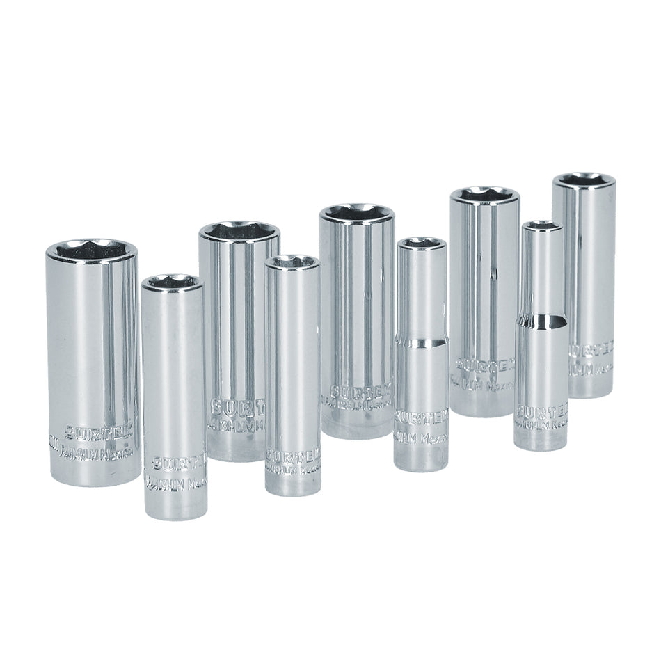 Juego de dados largos cuadro de 1/4", 6 puntas, métricos, 9 piezas Surtek S13M
