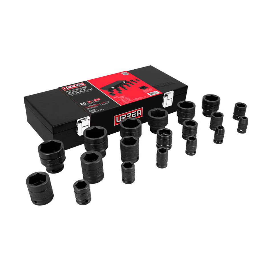 Juego de dados de impacto cuadro de 1/2", 6 puntas, en pulgadas, 19 piezas en caja Urrea 7401C