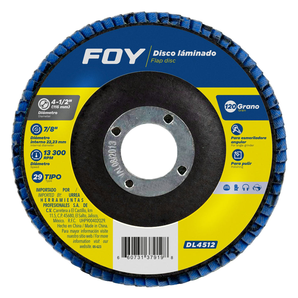 Disco laminado tipo 29 grano 120, 4-1/2" Foy DL4512