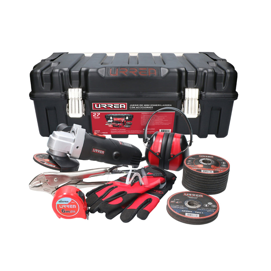 Juego de mini esmeriladora con accesorios 27 piezas, con caja plástica Urrea JP27