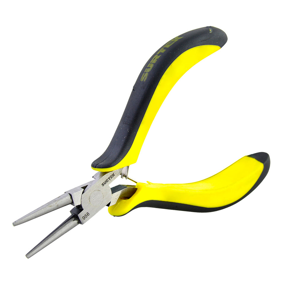 Mini pinza para electrónica con mango bimaterial de 4-3/4" punta redonda Surtek 956