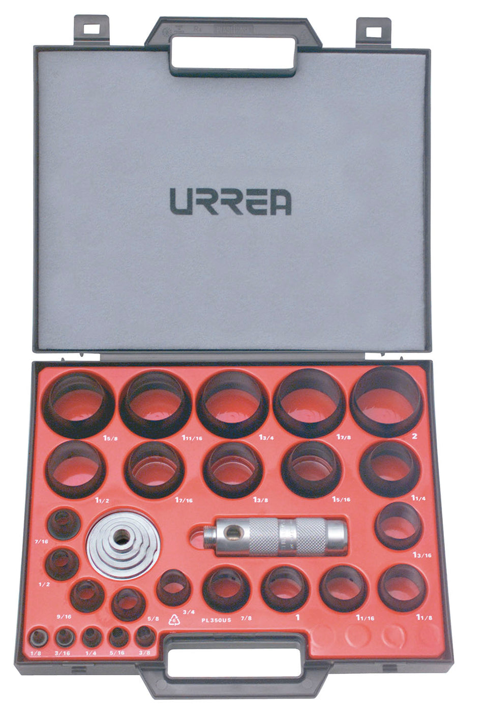 Juego de sacabocados con mango adaptador ergonónico de 1/8" a 2", 27 piezas Urrea 49902